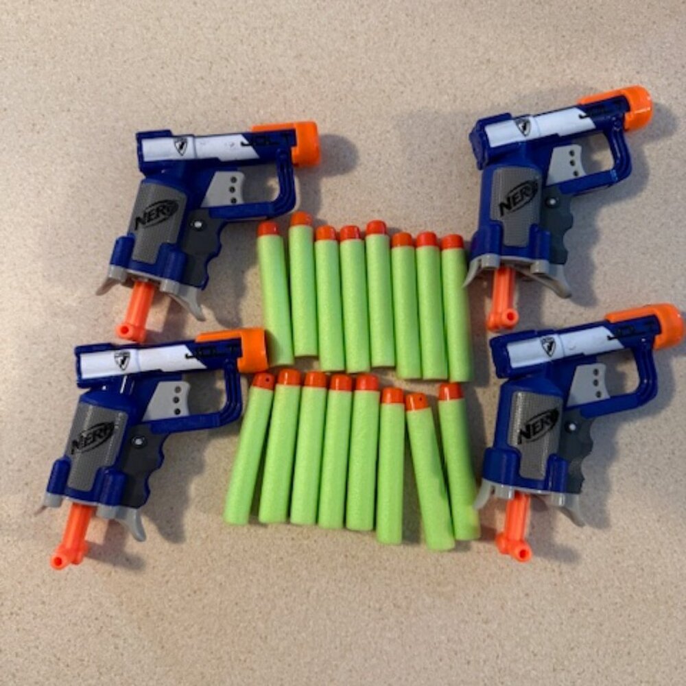 NERF Classic Jolt Lot of 4 Guns + 16 Bullets 4 Blue Single Shot Blasters